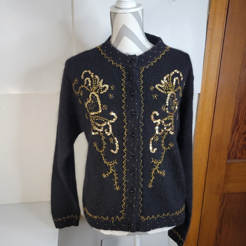 Womens Karen Scott Gold Sequin Silk blend Button Front Cardigan Sweater Size Med